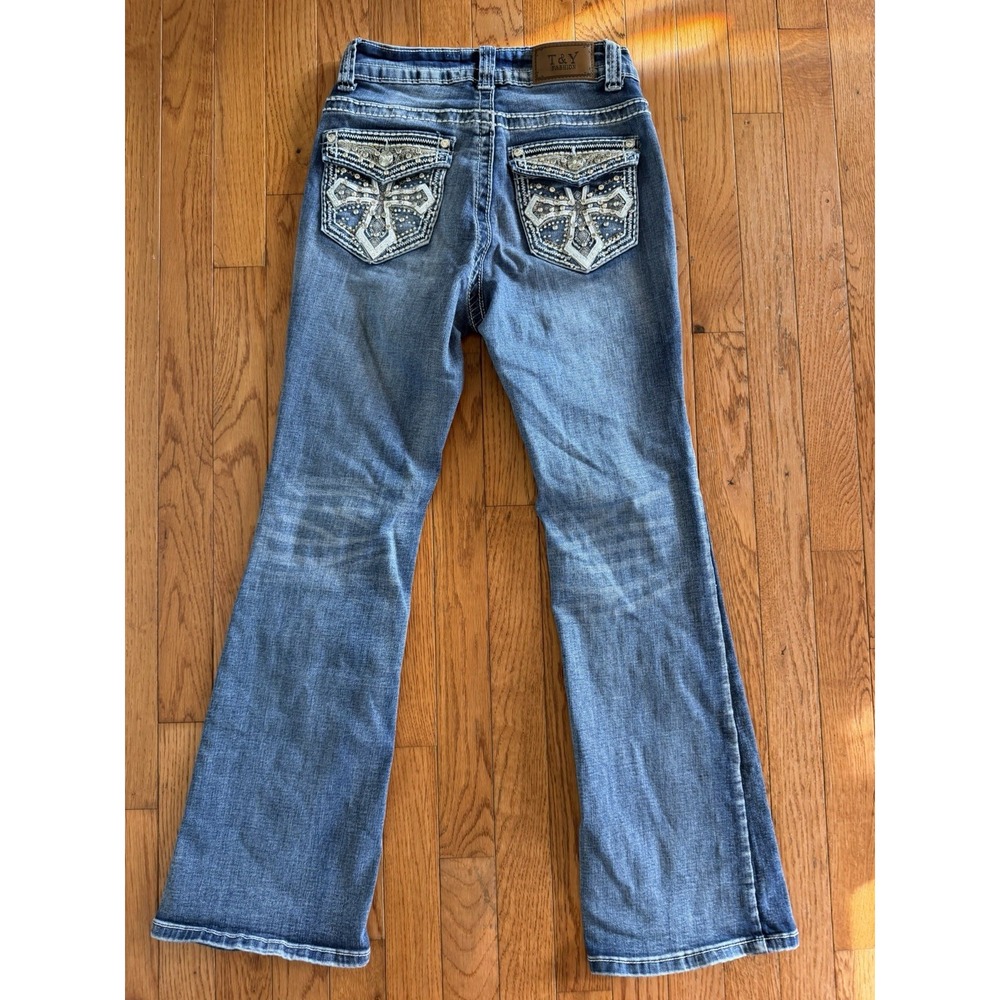 T&Y Fashion Rhinestone Cross Bootcut Flare Jeans Jeweled Flap Blue Denim Sz 5/6